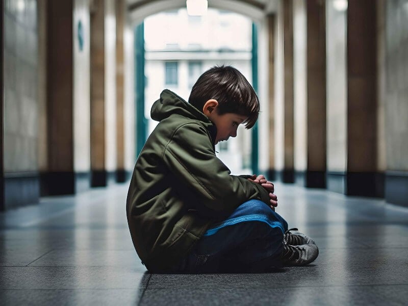 Small boy sitting in a school hallway