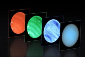 This image shows Neptune observed with the MUSE instrument at ESO’s Very Large Telescope (VLT). At each pixel within Neptune, MUSE splits the incoming light into its constituent colours or wavelengths. This is similar to obtaining images at thousands of different wavelengths all at once, which provides a wealth of valuable information to astronomers. The image to the right combines all colours captured by MUSE into a “natural” view of Neptune, where a dark spot can be seen to the upper-right. Then we see images at specific wavelengths: 551 nanometres (blue), 831 nm (green), and 848 nm (red); note that the colours are only indicative, for display purposes. The dark spot is most prominent at shorter (bluer) wavelengths. Right next to this dark spot MUSE also captured a small bright one, seen here only in the middle image at 831 nm and located deep in the atmosphere. This type of deep bright cloud had never been identified before on the planet. The images also show several other shallower bright spots towards the bottom-left edge of Neptune, seen at long wavelengths. Imaging Neptune’s dark spot from the ground was only possible thanks to the VLT’s Adaptive Optics Facility, which corrects the blur caused by atmospheric turbulence and allows MUSE to obtain crystal clear images. To better highlight the subtle dark and bright features on the planet, the astronomers carefully processed the MUSE data, obtaining what you see here.