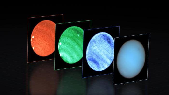 This image shows Neptune observed with the MUSE instrument at ESO’s Very Large Telescope (VLT). At each pixel within Neptune, MUSE splits the incoming light into its constituent colours or wavelengths. This is similar to obtaining images at thousands of different wavelengths all at once, which provides a wealth of valuable information to astronomers. The image to the right combines all colours captured by MUSE into a “natural” view of Neptune, where a dark spot can be seen to the upper-right. Then we see images at specific wavelengths: 551 nanometres (blue), 831 nm (green), and 848 nm (red); note that the colours are only indicative, for display purposes. The dark spot is most prominent at shorter (bluer) wavelengths. Right next to this dark spot MUSE also captured a small bright one, seen here only in the middle image at 831 nm and located deep in the atmosphere. This type of deep bright cloud had never been identified before on the planet. The images also show several other shallower bright spots towards the bottom-left edge of Neptune, seen at long wavelengths. Imaging Neptune’s dark spot from the ground was only possible thanks to the VLT’s Adaptive Optics Facility, which corrects the blur caused by atmospheric turbulence and allows MUSE to obtain crystal clear images. To better highlight the subtle dark and bright features on the planet, the astronomers carefully processed the MUSE data, obtaining what you see here.