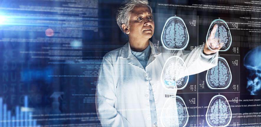 Futuristic image of a doctor looking at brain scans