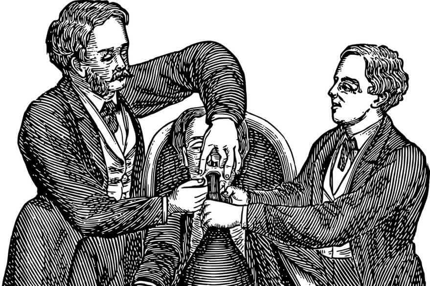 Old time looking illustration of three men. Two are administering nitrous oxide to the third who is sitting in a chair.