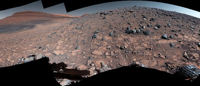 NASA’s Curiosity captured this 360-degree panorama while parked below Gediz Vallis Ridge (seen at right), a formation that preserves a record of one of the last wet periods seen on this part of Mars. After previous attempts, the rover finally reached the ridge on its fourth try. Credit: NASA/JPL-Caltech/MSSS