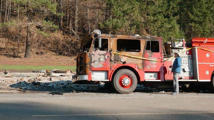 Burned fire truck in Detroit, Oregon, 2020.