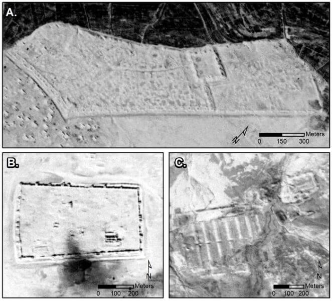 CORONA images showing major sites: A) Sura (NASA1401); B) Resafa (NASA1398); and C) Ain Sinu (CRN999).