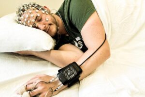 A subject is wearing the deep sleep stimulation system.