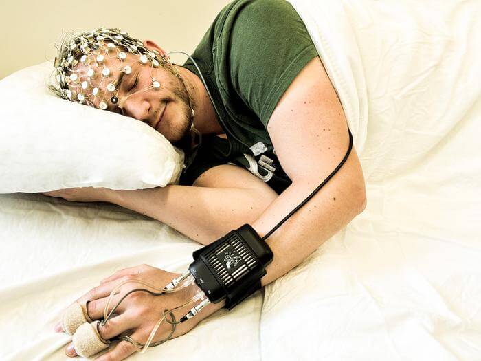 A subject is wearing the deep sleep stimulation system.