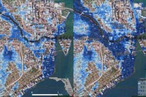 Current potential flood exposure (blue areas) in downtown Miami (left panel) and with one meter of sea-level rise. Deeper blues represent greater depth.