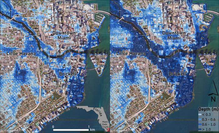 Current potential flood exposure (blue areas) in downtown Miami (left panel) and with one meter of sea-level rise. Deeper blues represent greater depth.