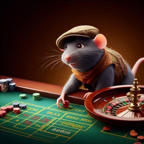 Cartoon of a rat playing a game involving risk. The image was created with the assistance of AI (DALL·E 3)