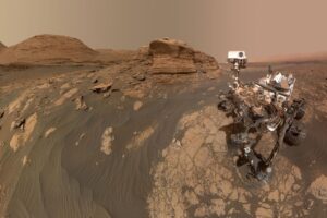 NASA’s Curiosity Mars rover used two different cameras to create this selfie in front of Mont Mercou, a rock outcrop that stands 20 feet tall. New analysis by Penn State researchers reveals that much of the craters on Mars today could have once been habitable rivers. Credit: NASA/JPL-Caltech/MSSS. All Rights Reserved.