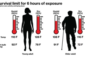Air temperature survival limits are greatly reduced in humid heat, and more so for older adults. The corresponding wet-bulb temperatures in dry weather are dramatically lower than the previously assumed limit of 95F or 35C. A wet bulb temperature of only 78F on a dry Phoenix summer day would be considered unsurvivable, yet it would take air temperatures of 128F under 10% relative humidity to reach that limit.