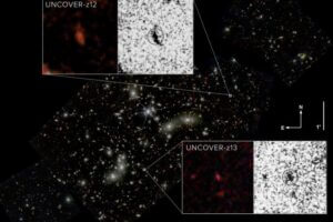 The second- and fourth-most distant galaxies ever seen (UNCOVER z-13 and UNCOVER z-12) have been confirmed using the James Webb Space Telescope’s Near-Infrared Camera (NIRCam). The galaxies are located in Pandora’s Cluster (Abell 2744), show here as near-infrared wavelengths of light that have been translated to visible-light colors. The scale of the main cluster image is labelled in arcseconds, which is a measure of angular distance in the sky. The circles on the black-and-white images, showing the galaxies in the NIRCam-F277W filter band onboard JWST, indicate an aperture size of 0.32 arcsec.
