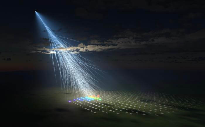 Artist’s illustration of the extremely energetic cosmic ray observed by a surface detector array of the Telescope Array experiment, named “Amaterasu particle.”