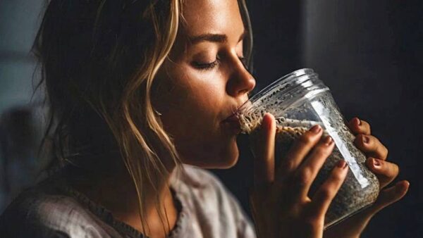 A health fanatic guzzling chia seeds