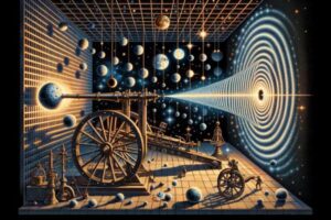 The image depicts an experiment in which heavy particles (illustrated as the moon), cause an interference pattern (a quantum effect), while also bending spacetime. The hanging pendulums depict the measurement of spacetime. The actual experiment is typically performed using Carbon-60, one of the largest known molecules. The UCL calculation indicates that the experiment should also be performed using higher density atoms such as gold. The other two images represent the two experiments proposed by the UCL group, both of which constrain any theory where spacetime is treated classically. One is the weighing of a mass, the other is an interference experiment.