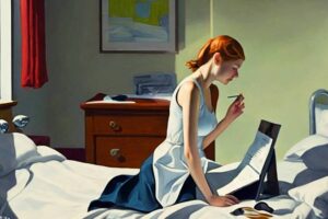 Edward Hopper style illustration of a woman checking her cholesterol in a sparse hotel room