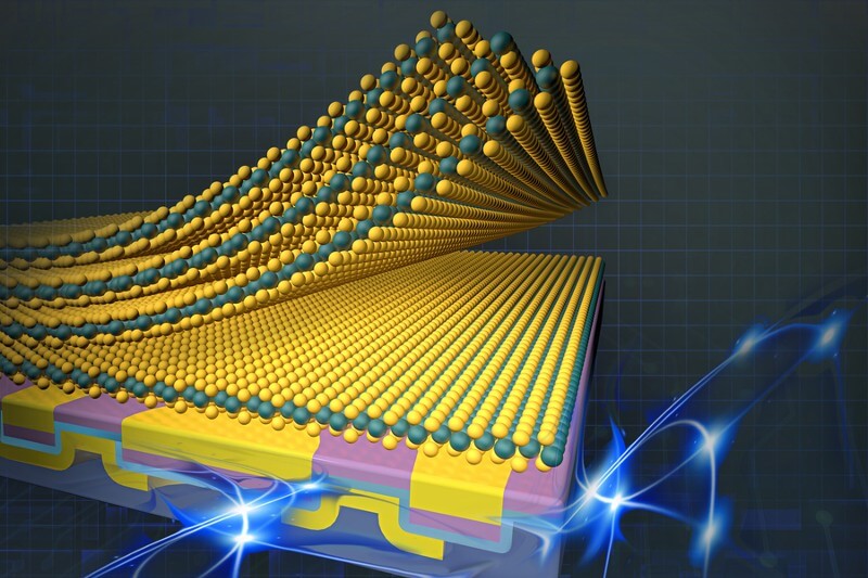 This artist’s rendition shows the newly developed integration platform. By engineering surface forces, researchers are able to directly integrate 2D materials into devices in a single contact-and-release step. Credits:Image: Courtesy of Sampson Wilcox/Research Laboratory of Electronics