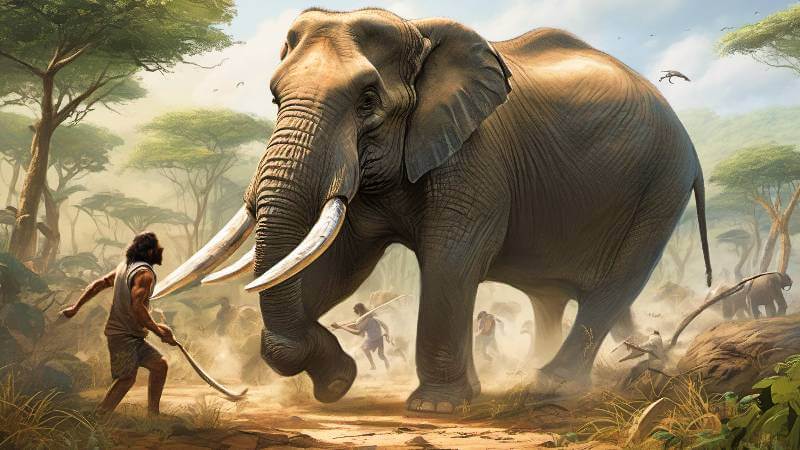 Prehistoric people are attacking an elephant