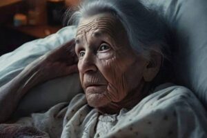 An old woman lying in bed looking worried late at night