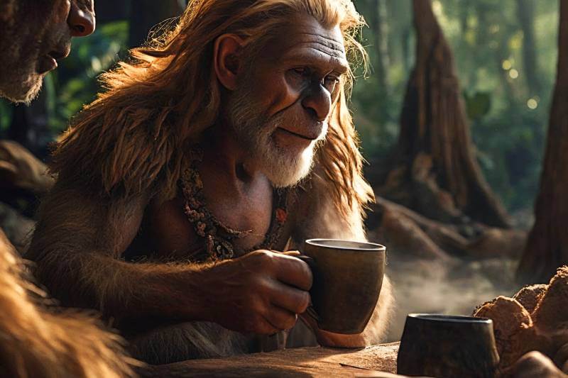A Neanderthals having coffee early in the morning
