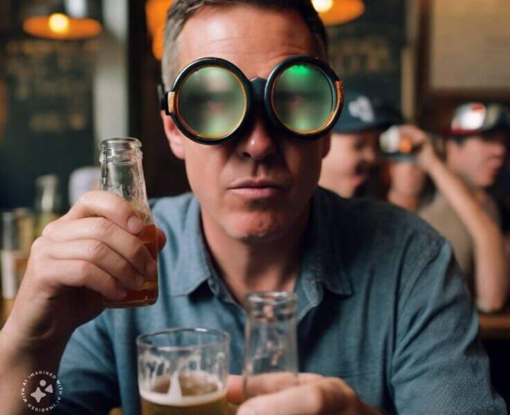 A man wearing goggles while drinking beer