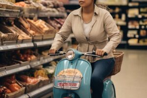 Woman riding a Vespa in the grocery store