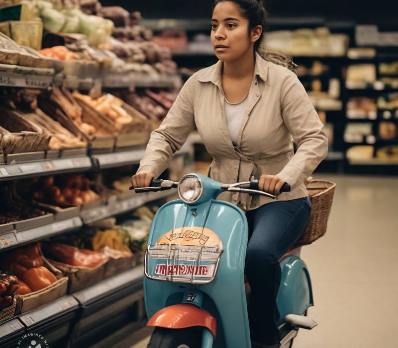 Woman riding a Vespa in the grocery store