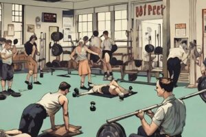 norman rockwell style illustration of people working out