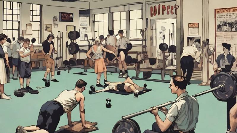norman rockwell style illustration of people working out