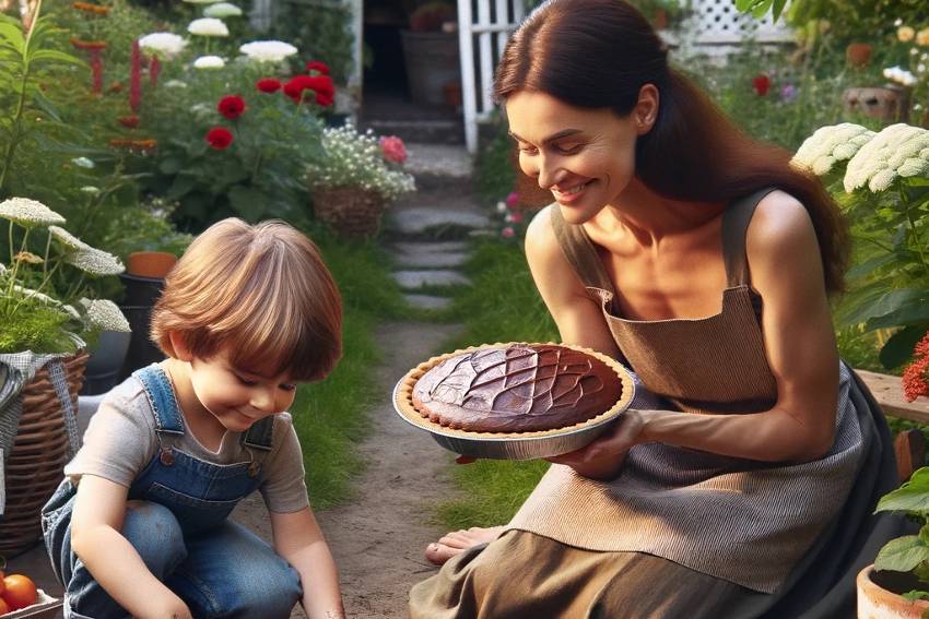Ai generated image of a mother with a chocolate opie and a small boy playing in the mud. both are white