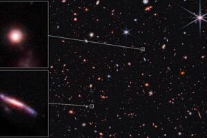 Sample shapes of distant galaxies identified by the James Webb Space Telescope’s Cosmic Evolution Early Release Science (CEERS) survey. [(Credit: NASA, ESA, CSA, STScI, Steve Finkelstein (UT Austin), Micaela Bagley (UT Austin), Rebecca Larson (UT Austin)]
