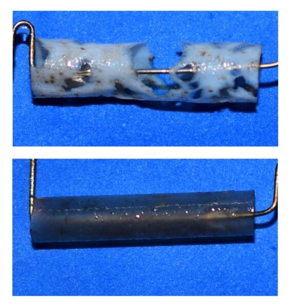 After 16 weeks in seawater, bioplastic straws made of foam (top image) broke down at least twice as fast as the solid versions (bottom image).