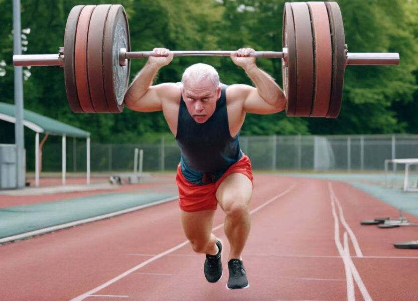 Man running around a track while doing an overhead bench press