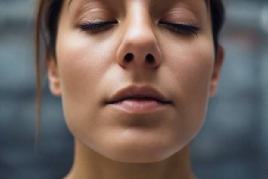 Woman inhaling through nose