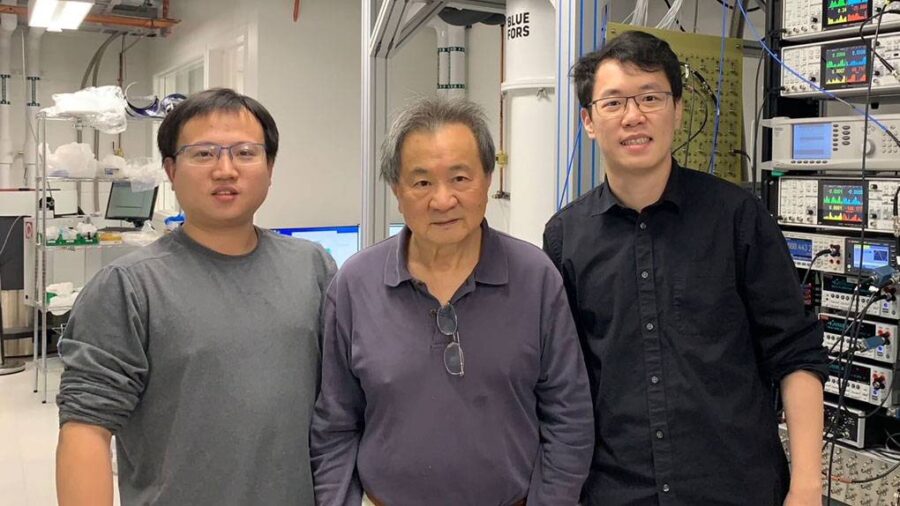 From left: Professor Sanfeng Wu, Professor Nai Phuan Ong and Dicke Fellow Tiancheng Song. Photo by Yanyu Jia