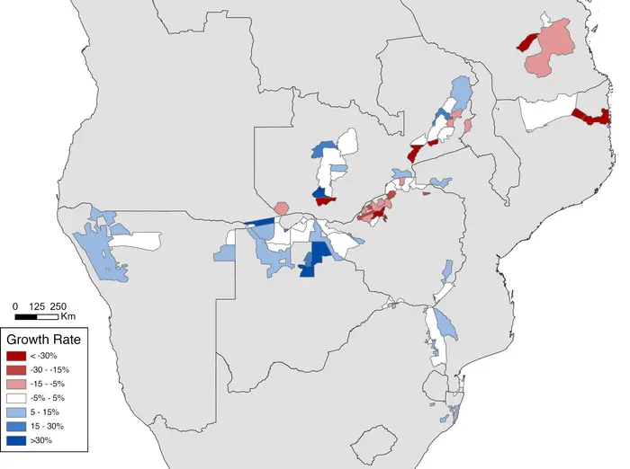 Map of elephant population growth rates across southern Africa. Figure reproduced from Huang et al. 2024 (DOI: 10.1126/sciadv.adk2896)