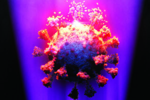 Artist impression showing UVC light degrading SARS-CoV-2 viral particle.