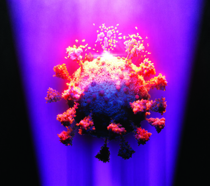 Artist impression showing UVC light degrading SARS-CoV-2 viral particle.