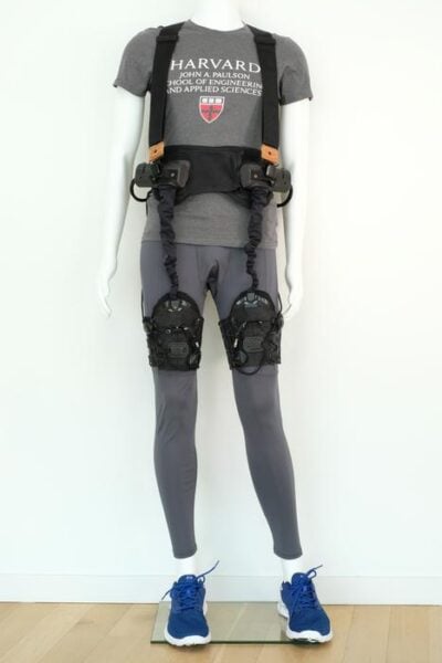 The robotic garment (above), worn around the hips and thighs, gives a gentle push to the hips as the leg swings, helping the patient achieve a longer stride.