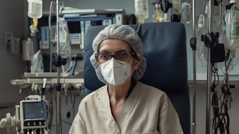 elderly woman in mask in a hospital