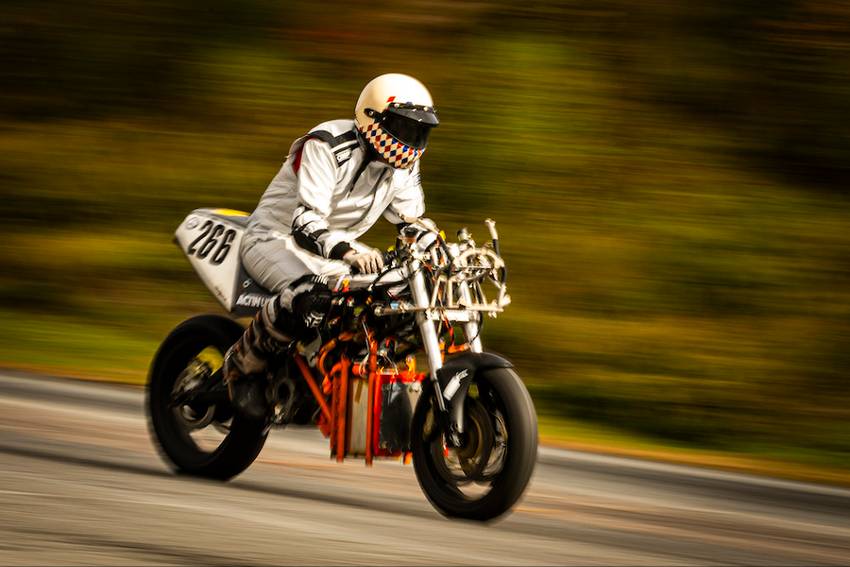 Aditya Mehrotra performs a “shakedown” test — running the hydrogen-powered electric motorcycle at high speeds to ensure that the mechanical and electrical systems hold up. Credits:Photo: Adam Glanzman