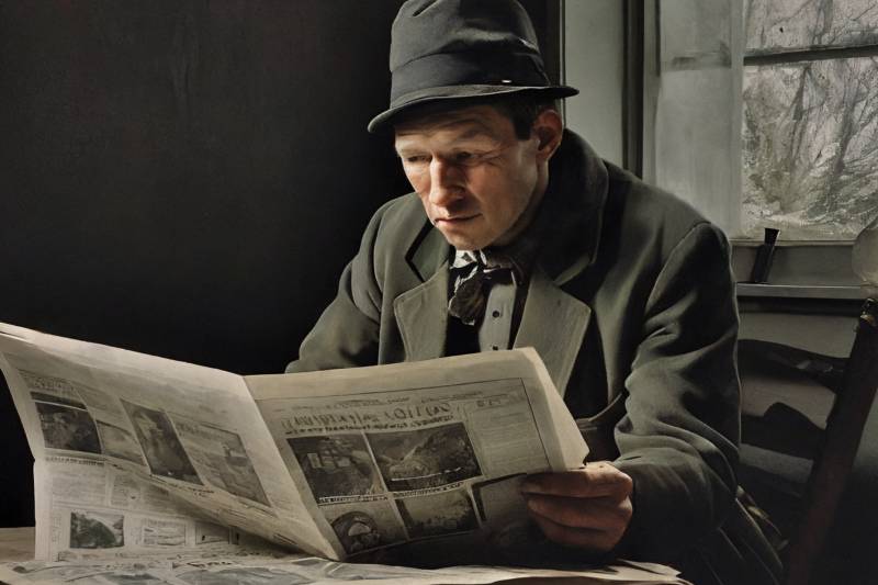 Depression era man reading the help wanted ads in a newspaper