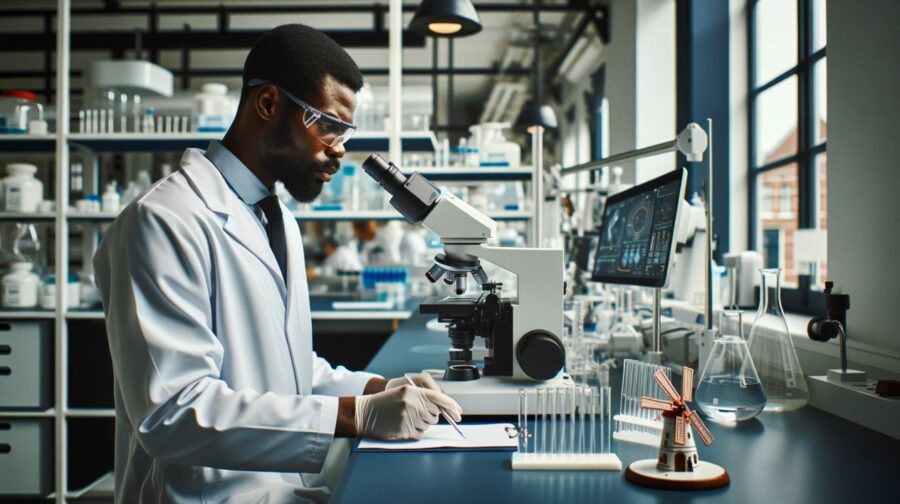 Researcher in a fancy lab looking through a microscope