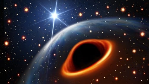 An artist’s impression of the system assuming that the massive companion star is a black hole. The brightest background star is its orbital companion, the radio pulsar PSR J0514-4002E. The two stars are separated by 8 million km and orbit each other every 7 days.