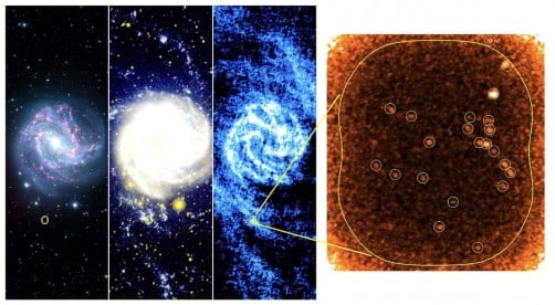 Research on the far edge of galaxy M83 reveals unusual star formation in an extreme environment. This area, outlined in yellow, is shown in data from several different instruments. From left to right: optical image from CTIO, ultraviolet image from GALEX, HI 21cm image from VLA and GBT, and CO(3-2) image from ALMA. In this last image, the star-forming “hearts” of molecular clouds, circled with white, are shown.