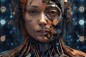 sci-fi illustration of half-woman half-machine