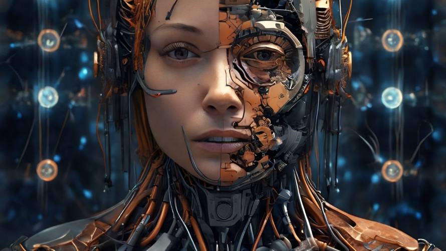 sci-fi illustration of half-woman half-machine