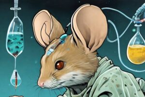 Illustration of a mouse in a lab coat in a lab