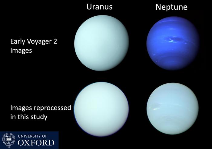 Voyager 2/ISS images of Uranus and Neptune released shortly after the Voyager 2 flybys in 1986 and 1989, respectively, compared with a reprocessing of the individual filter images in this study to determine the best estimate of the true colours of these planets.