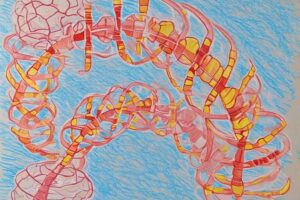 Crayon drawing of genes and a spinal cord, abstract